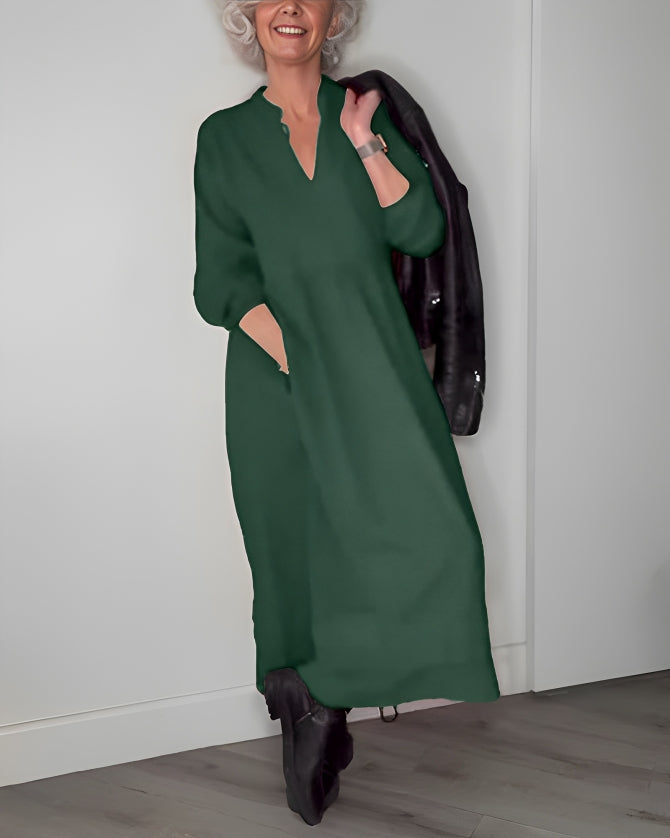 Women's Long V-Neck Maxi Dress with Long Sleeves