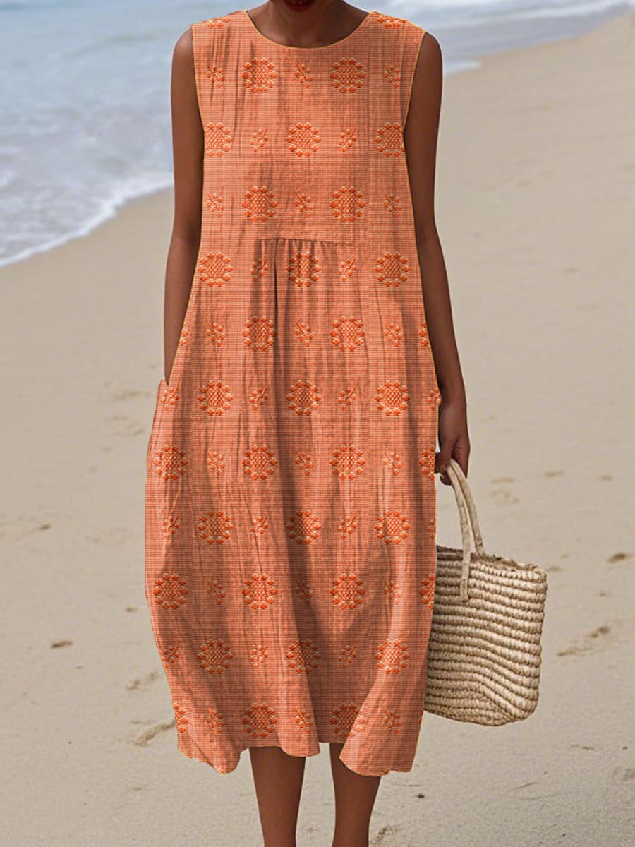 Women's Sleeveless Midi Dress with Printed Pattern