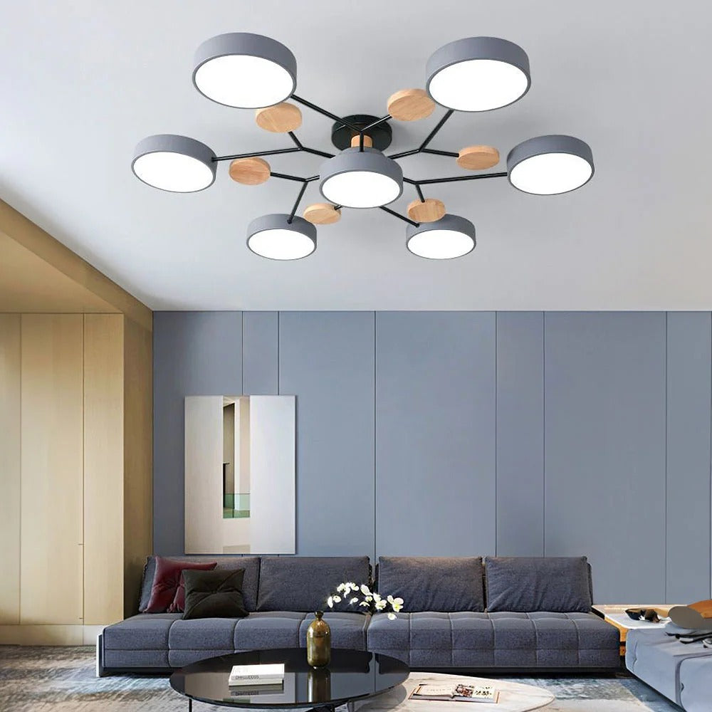 Round Iron LED Semi-Flush Ceiling Light – Chandelier with Acrylic Heads