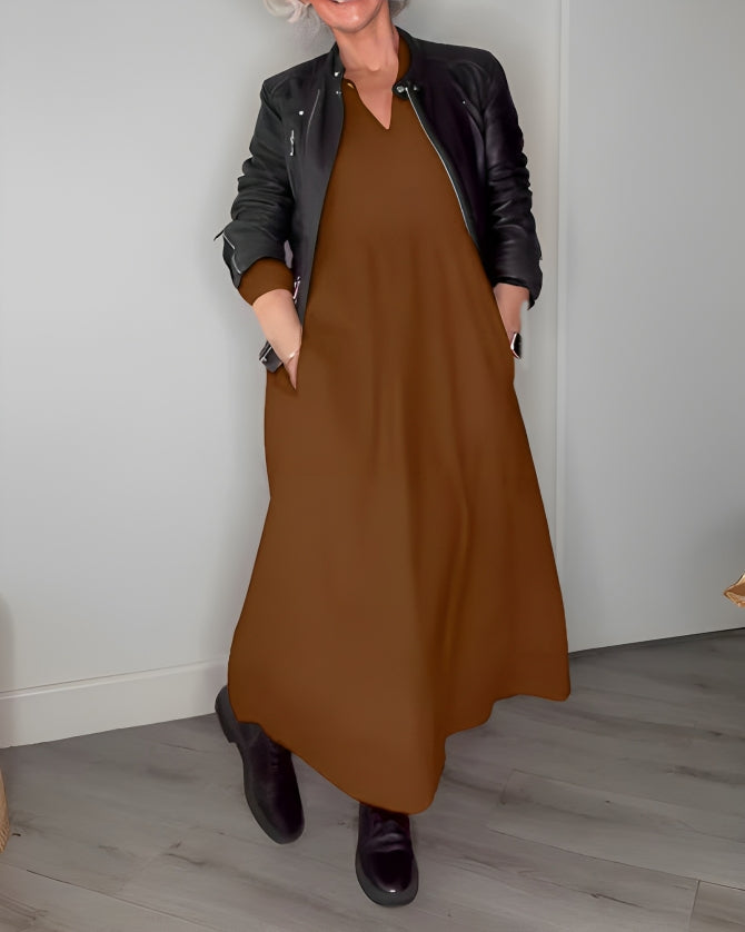 Women's Long V-Neck Maxi Dress with Long Sleeves