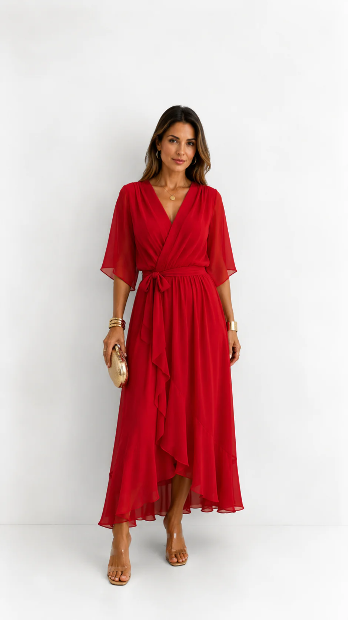 Women's Chiffon Wrap Dress with Flowing Sleeves