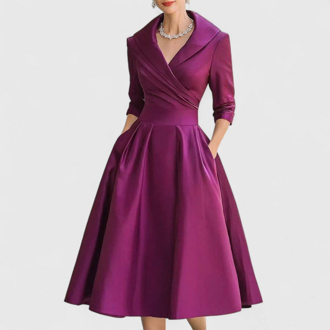 Women's V-Neck Midi Dress with Wrap Waist and Side Pockets