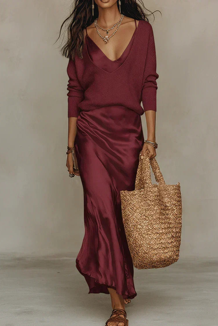 Women's Midi Dress Set with Knit Cardigan – Satin Two-Piece Outfit