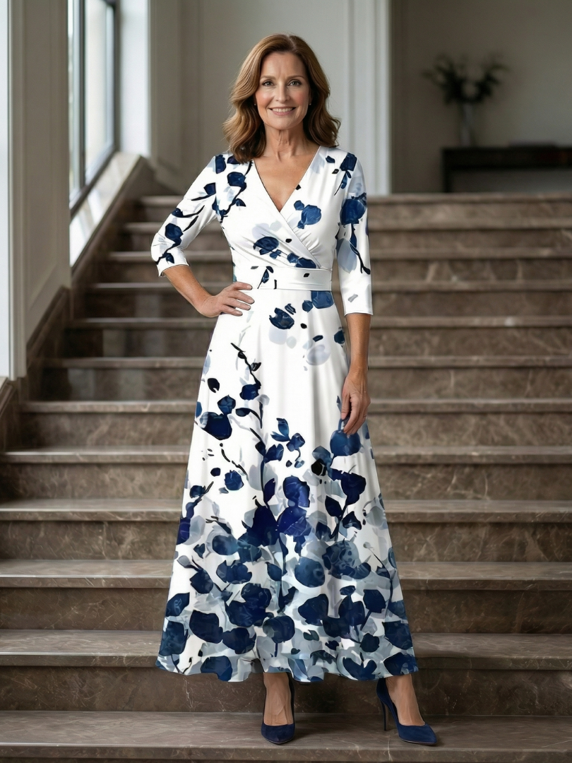 Women's Floral Wrap Midi Dress with Three Quarter Sleeves