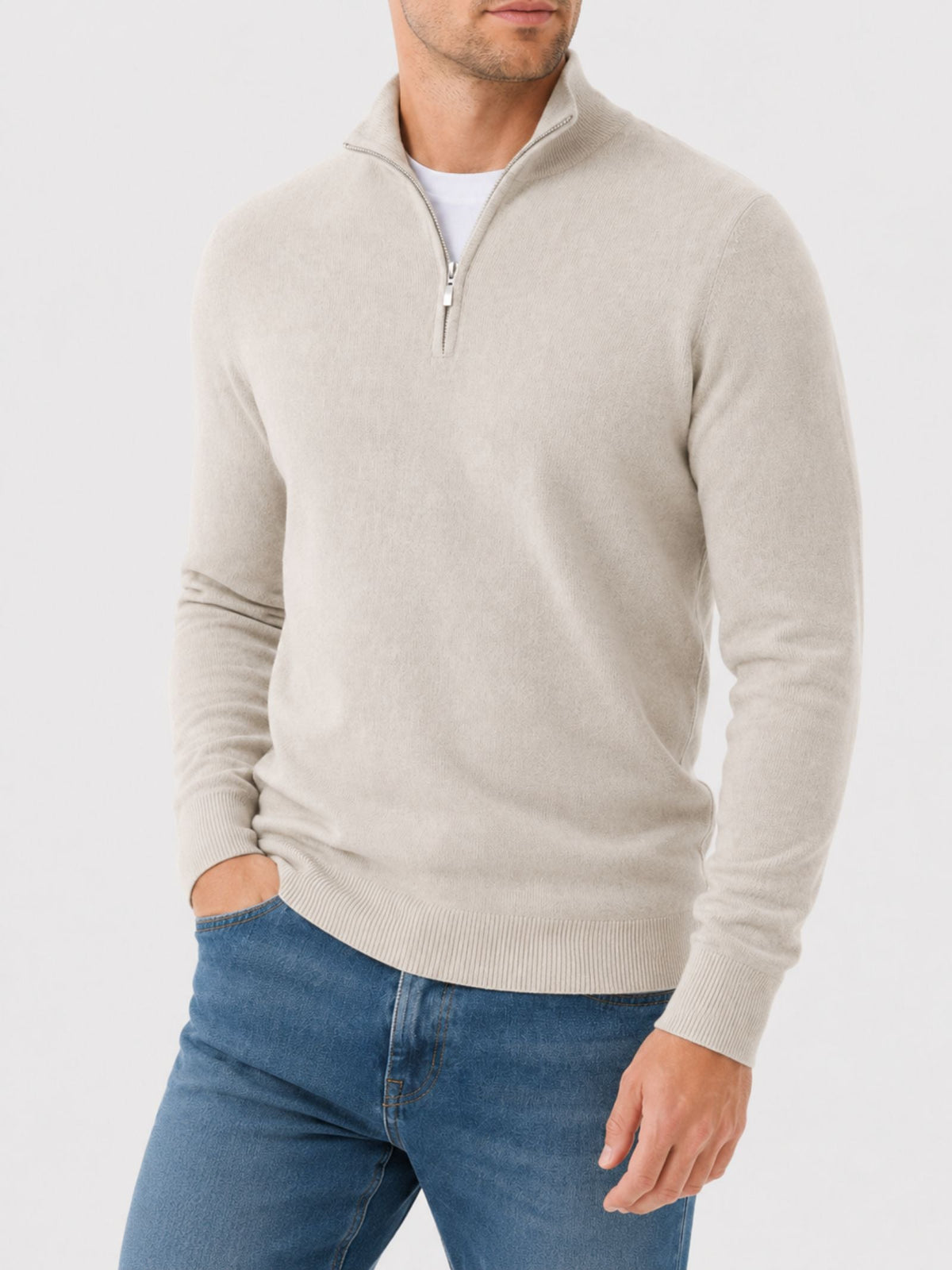 Men's Zip Sweater with Stand-Up Collar – Ribbed Trims