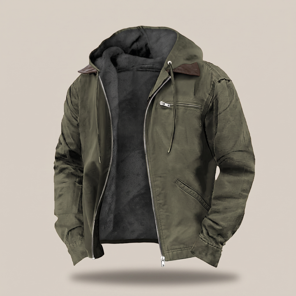 Men's Hooded Jacket Full-Zip Fleece Lined Canvas Coat