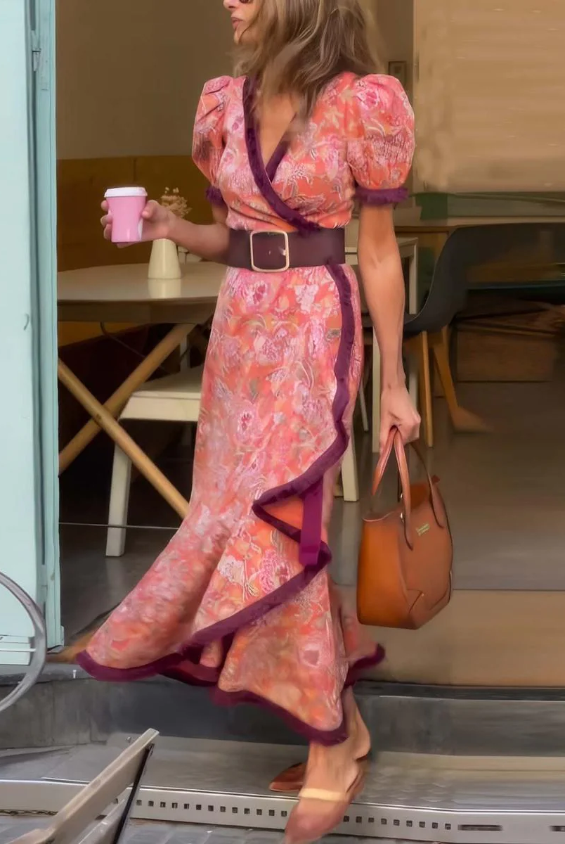 Women's Floral Maxi Dress with Tie Waist Belt