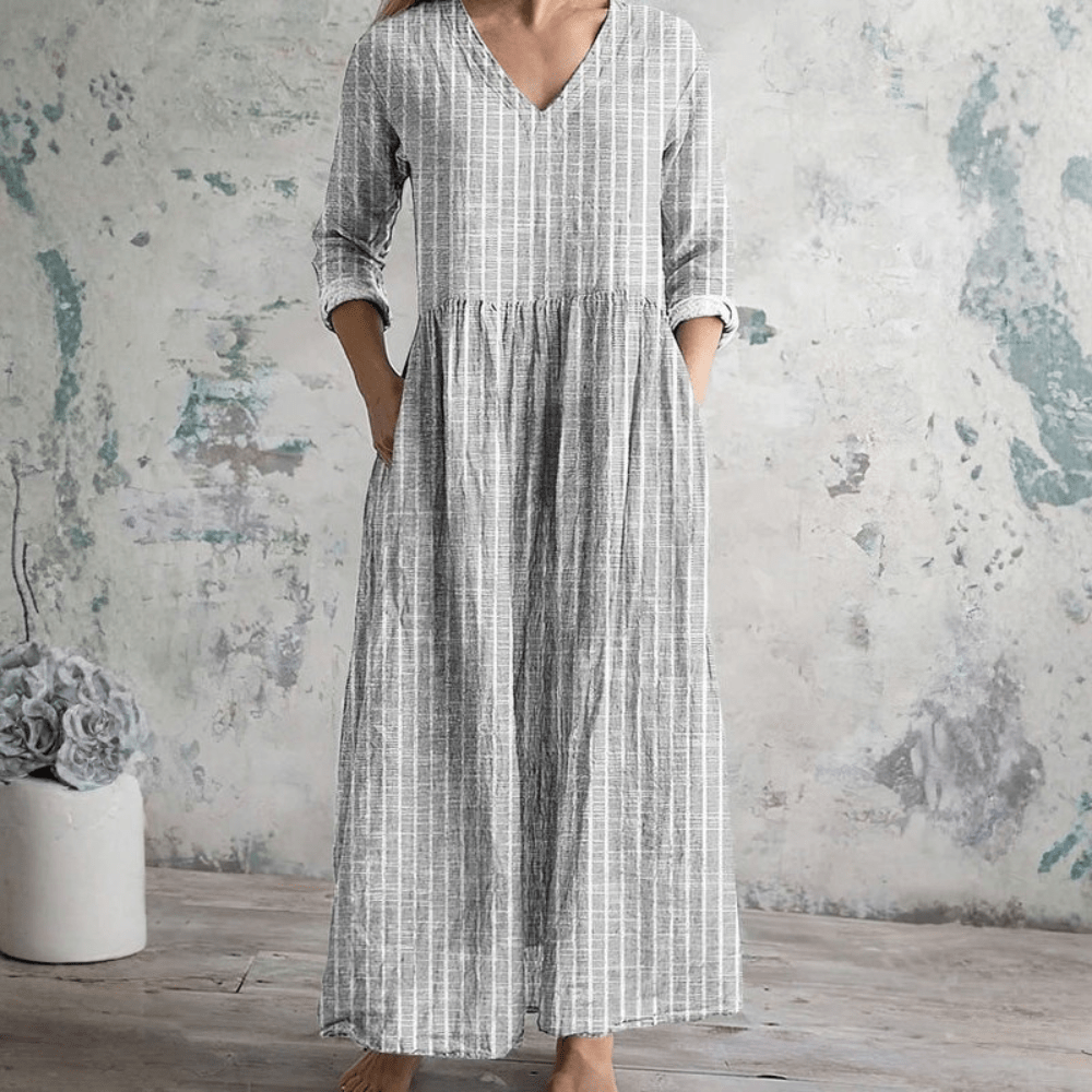Women's V-Neck Stripe Dress - Breathable Long Sleeve Casual Dress