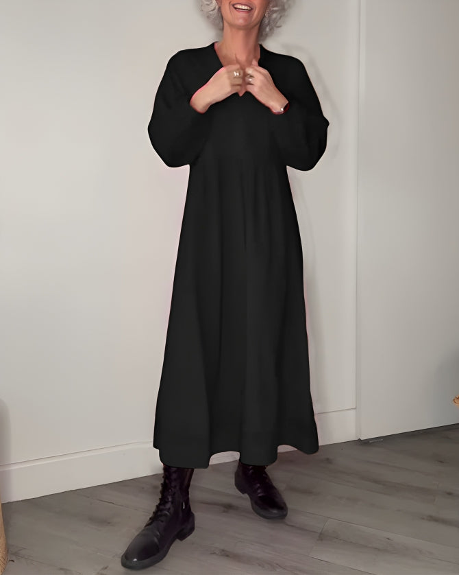 Women's Long V-Neck Maxi Dress with Long Sleeves