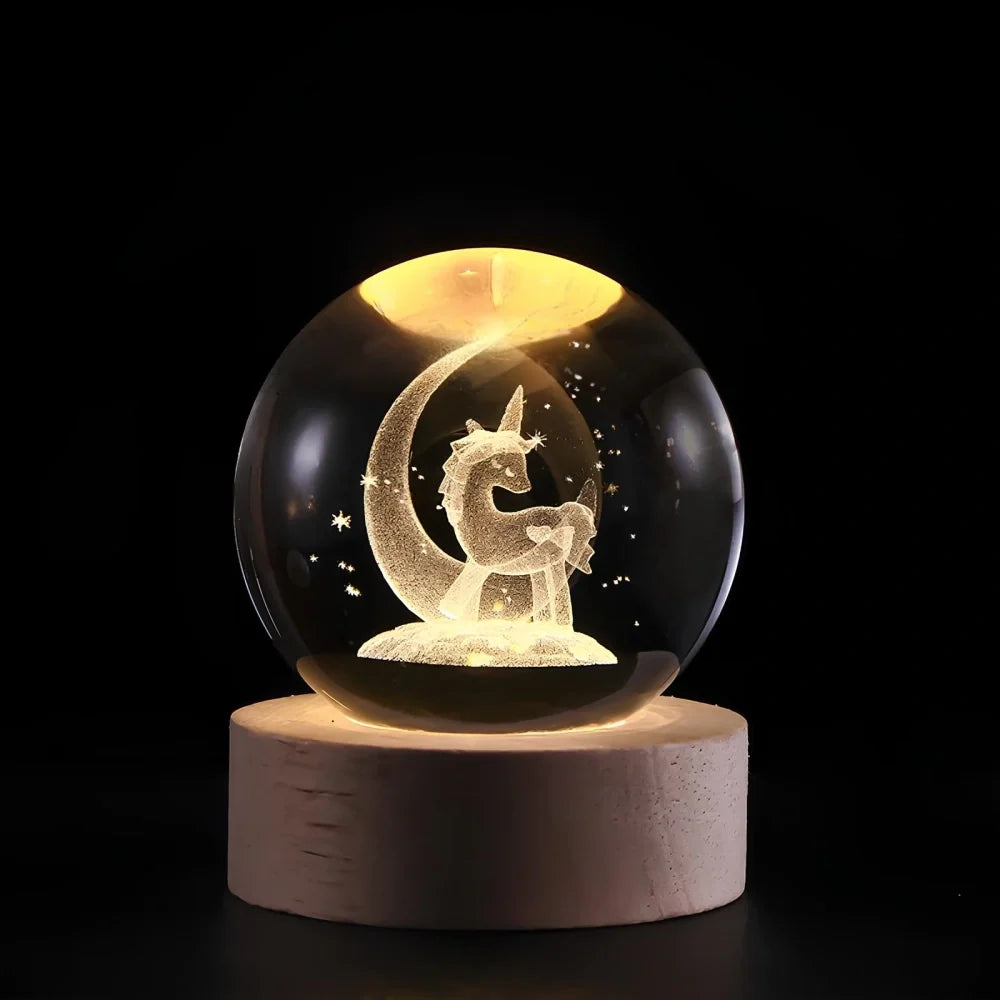 3D Engraved Crystal Ball Night Light - Wooden Base LED Lamp