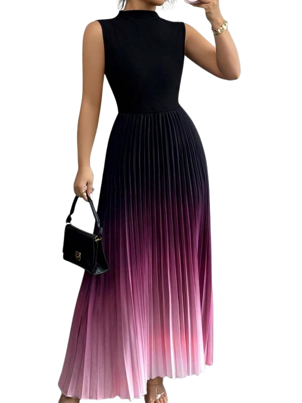 Women's Pleated Maxi Dress with Mock Neck, Sleeveless A-Line