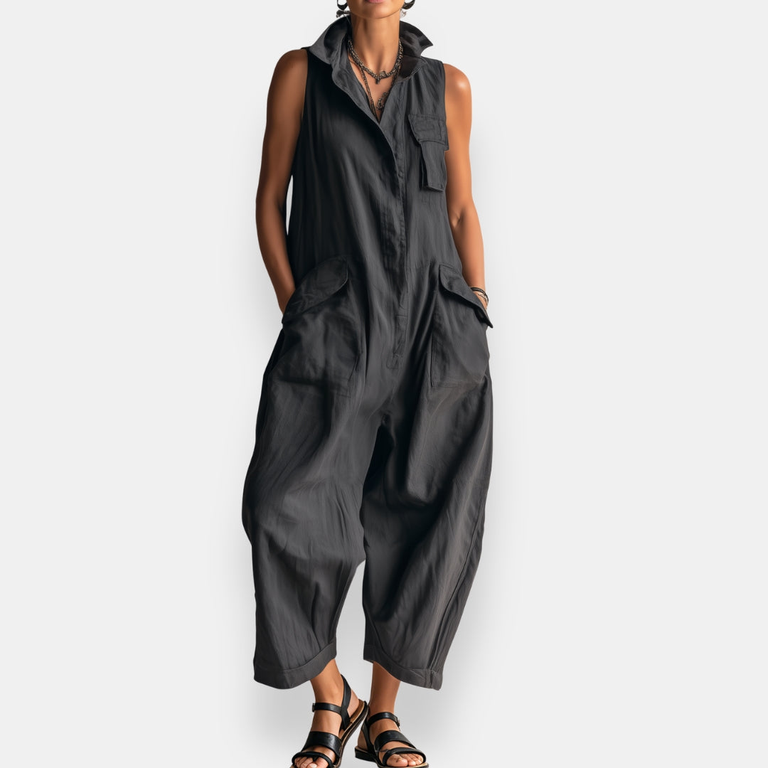 Women's Sleeveless Cargo Jumpsuit with Structured Collar