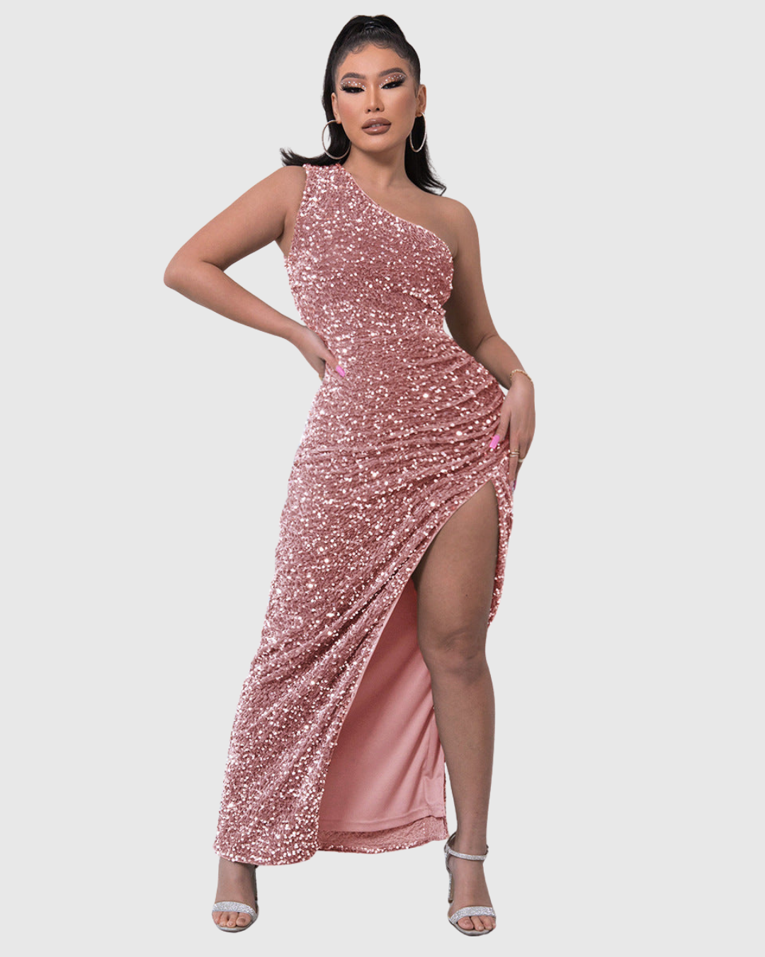 Women's Sequin Evening Dress One-Shoulder Maxi with Thigh Slit