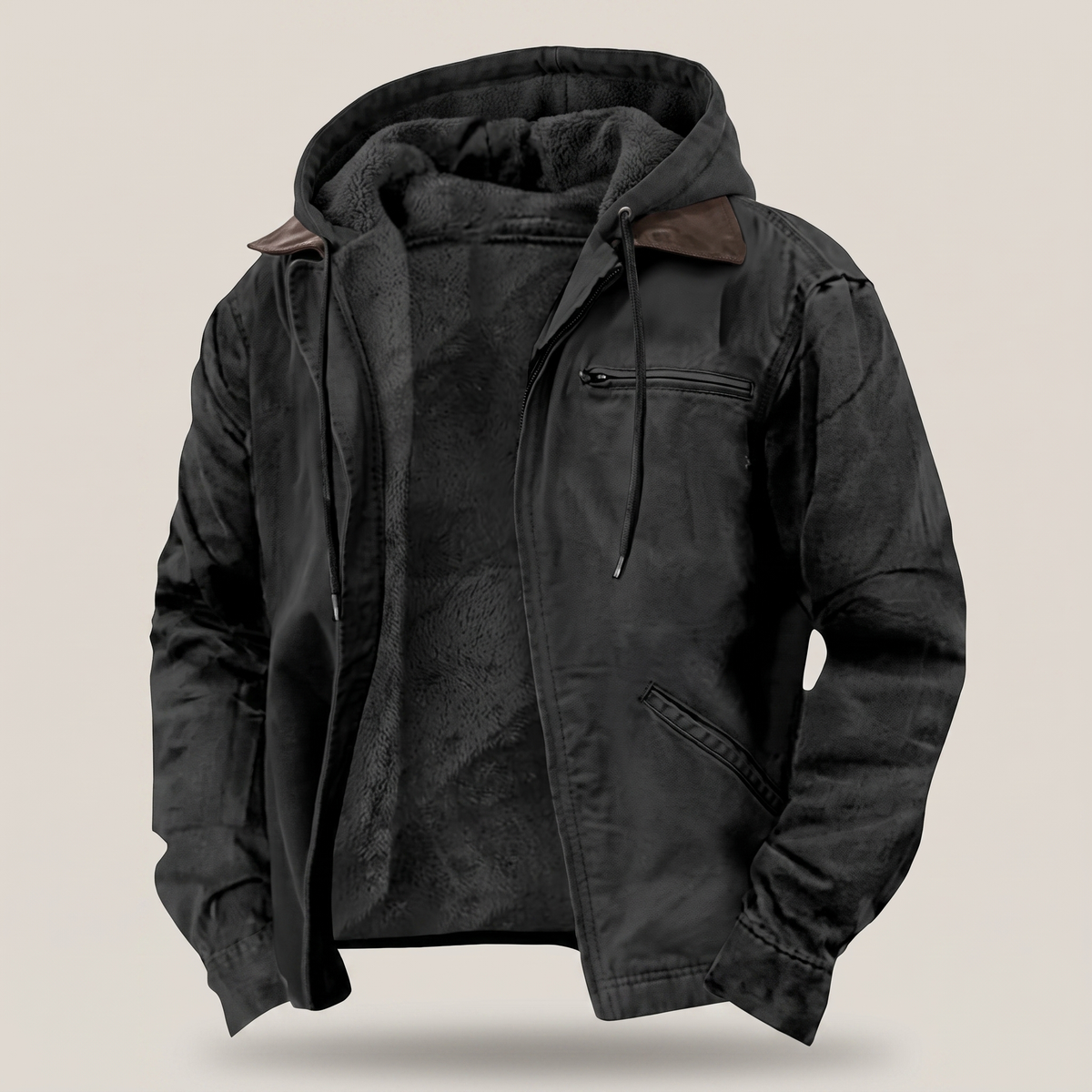 Men's Hooded Jacket Full-Zip Fleece Lined Canvas Coat