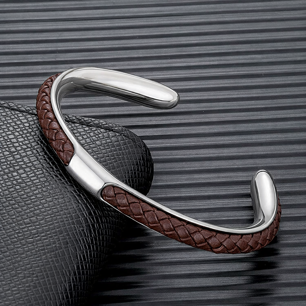 Men's Leather Cuff Bracelet - Stainless Steel and Braided Leather
