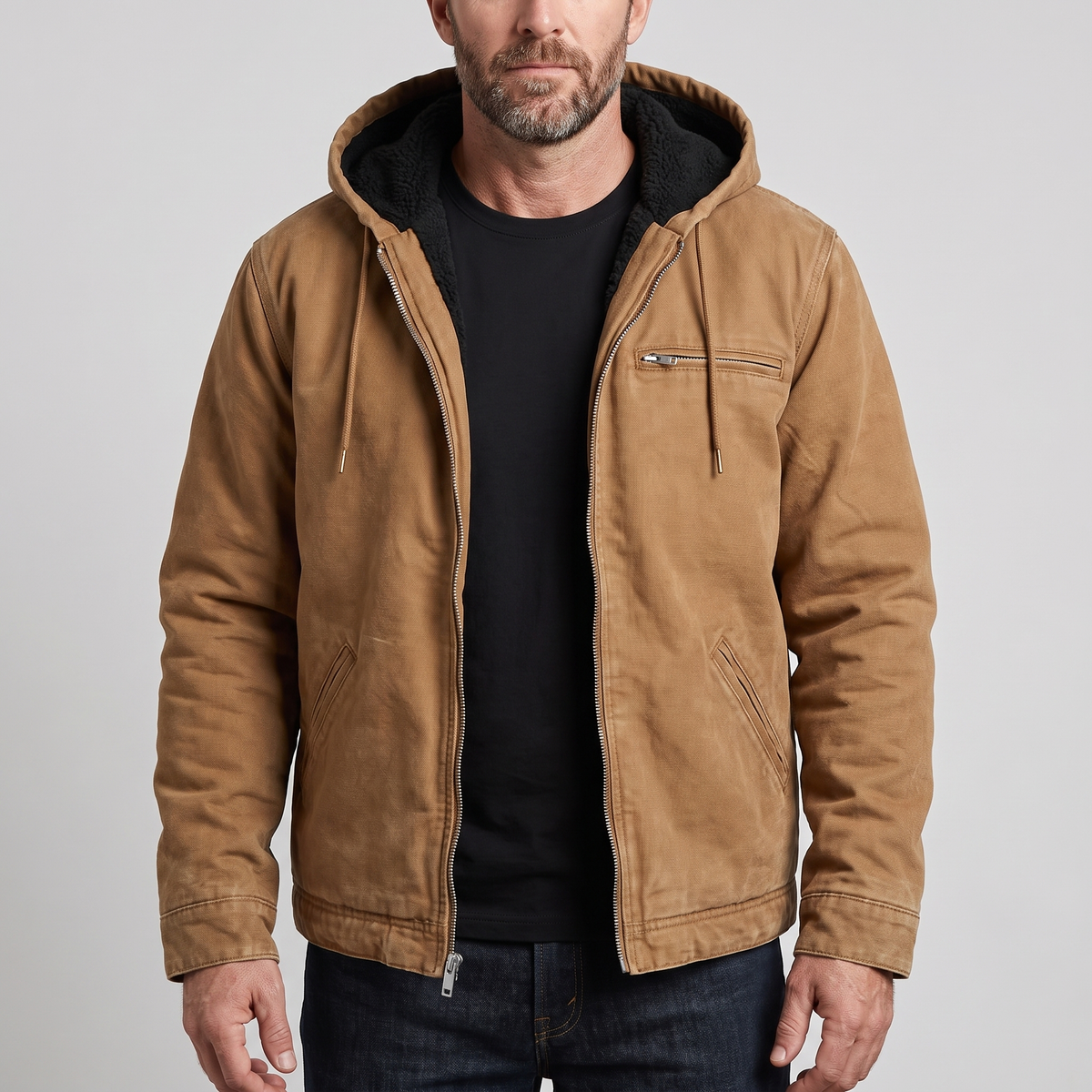 Men's Hooded Jacket Full-Zip Fleece Lined Canvas Coat