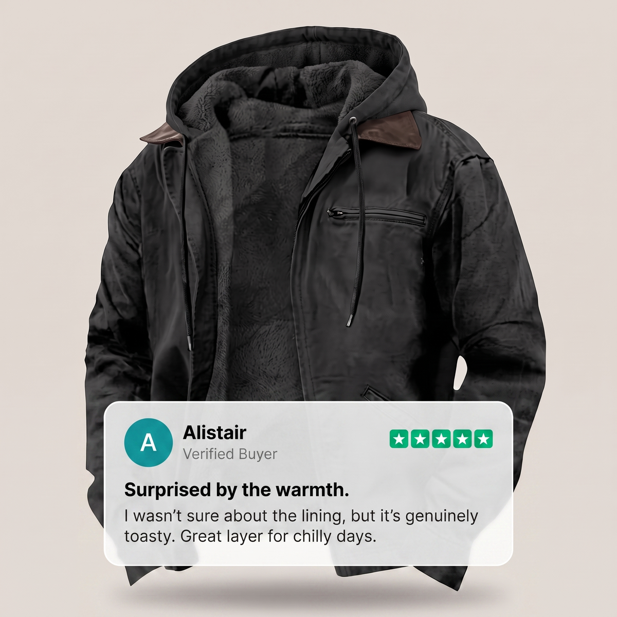 Men's Hooded Jacket Full-Zip Fleece Lined Canvas Coat