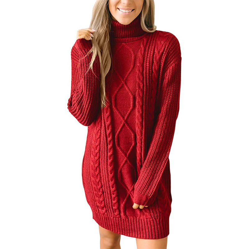 Women's Cable-Knit Turtleneck Jumper Dress – Ribbed Sleeves