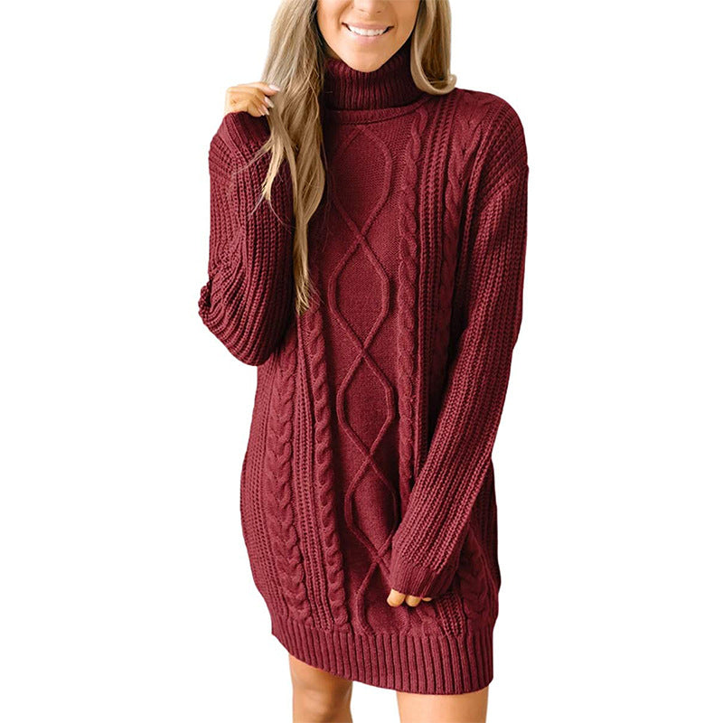 Women's Cable-Knit Turtleneck Jumper Dress – Ribbed Sleeves
