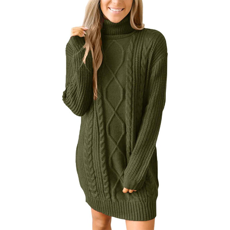 Women's Cable-Knit Turtleneck Jumper Dress – Ribbed Sleeves