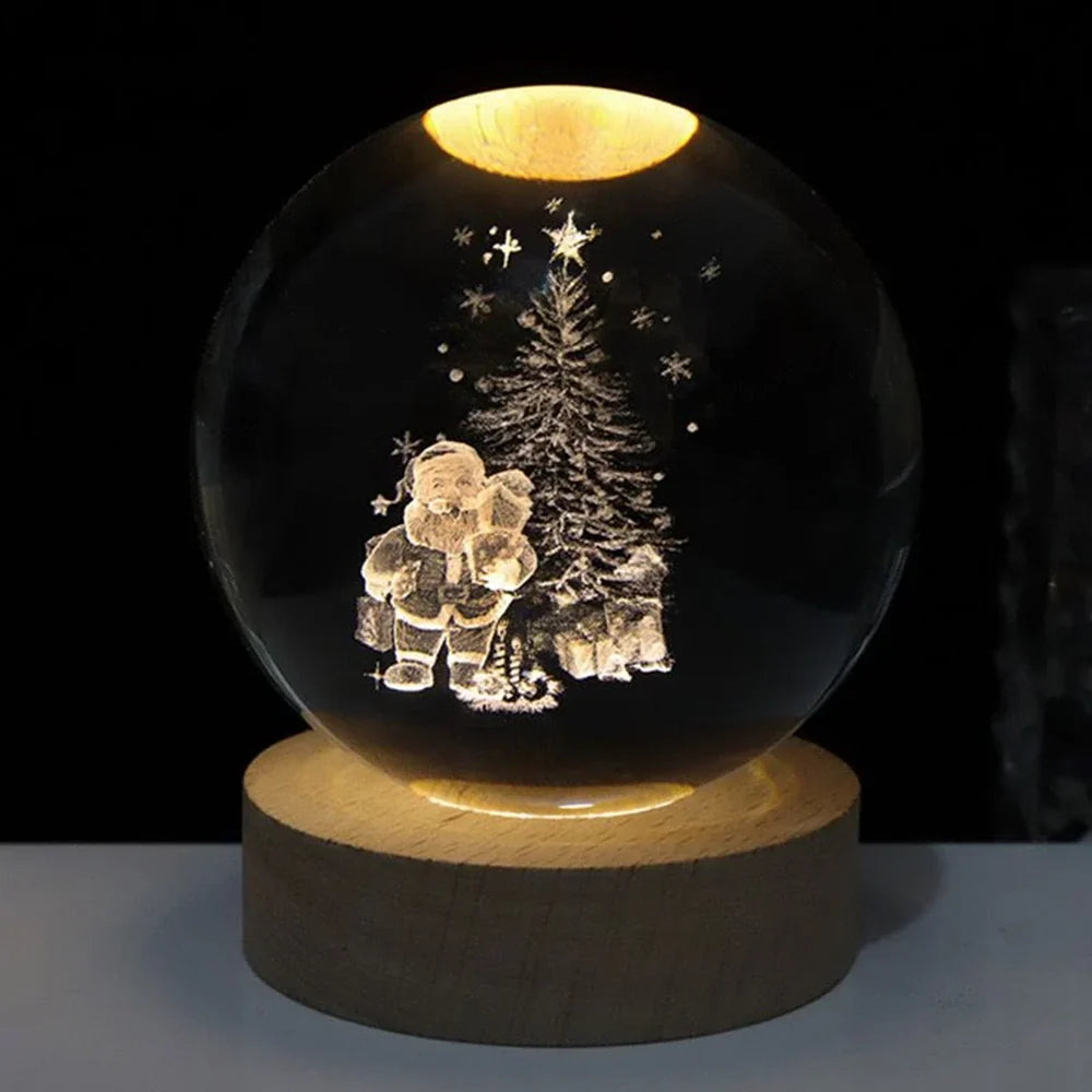 3D Engraved Crystal Ball Night Light - Wooden Base LED Lamp