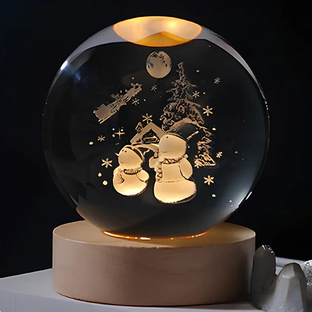 3D Engraved Crystal Ball Night Light - Wooden Base LED Lamp