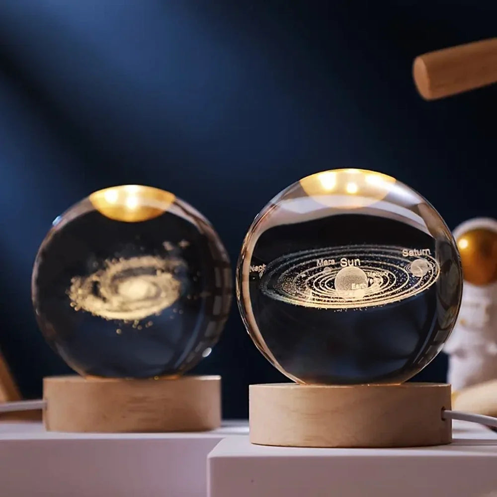 3D Engraved Crystal Ball Night Light - Wooden Base LED Lamp