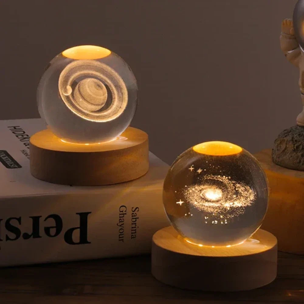 3D Engraved Crystal Ball Night Light - Wooden Base LED Lamp