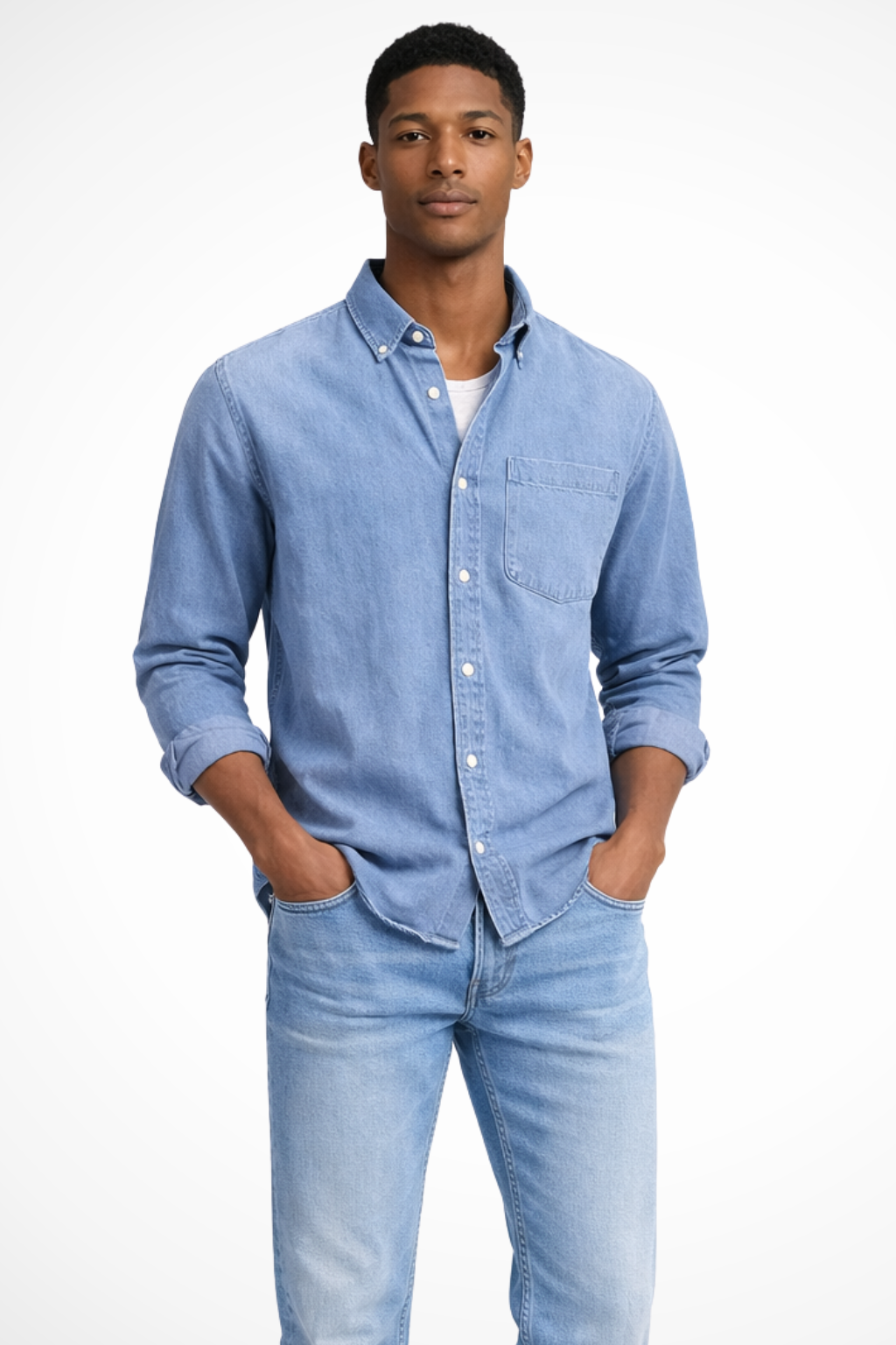 Men's Casual Button-Down Denim Shirt with Chest Pocket