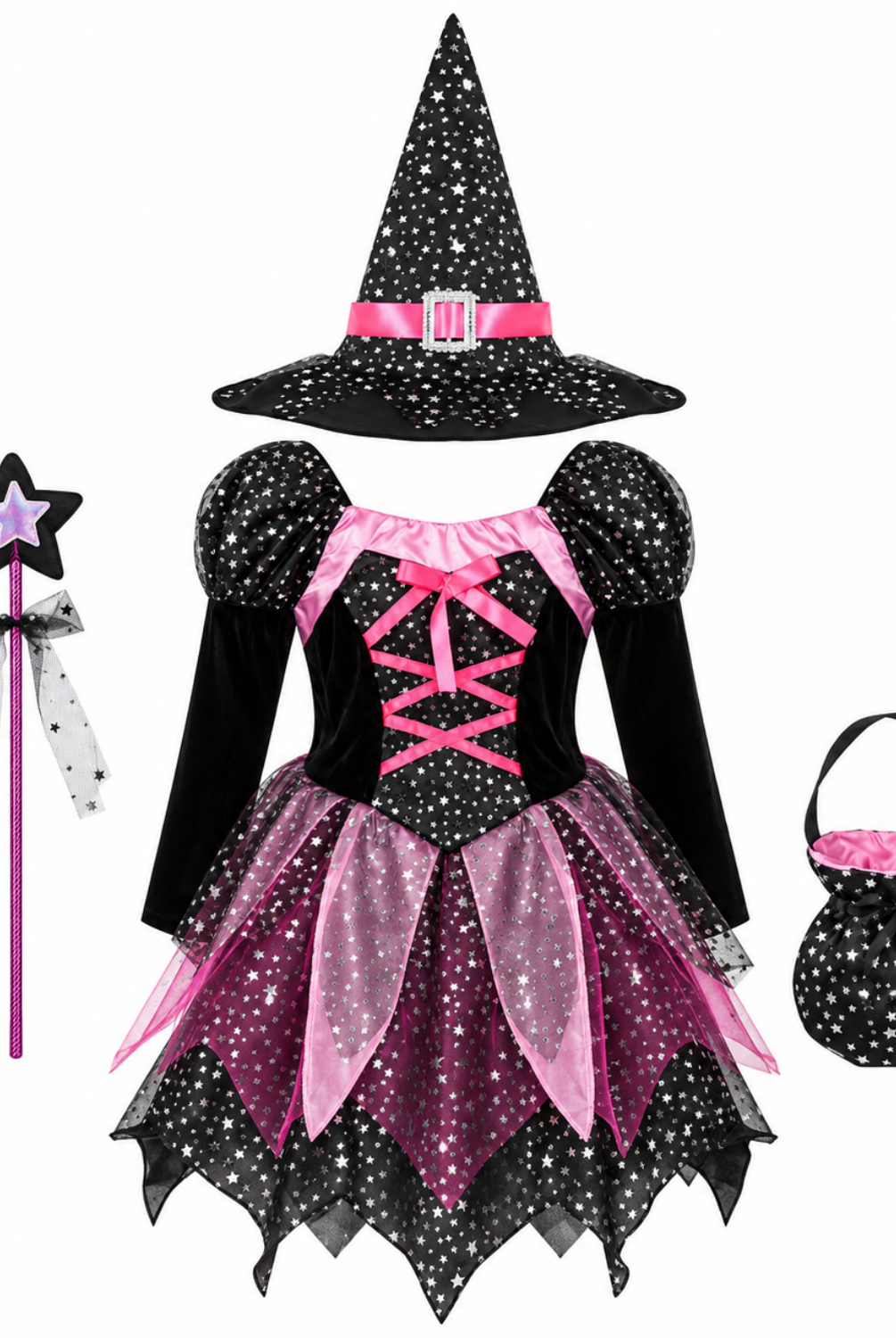 Girls 4-piece witch costume set, hat and wand detail