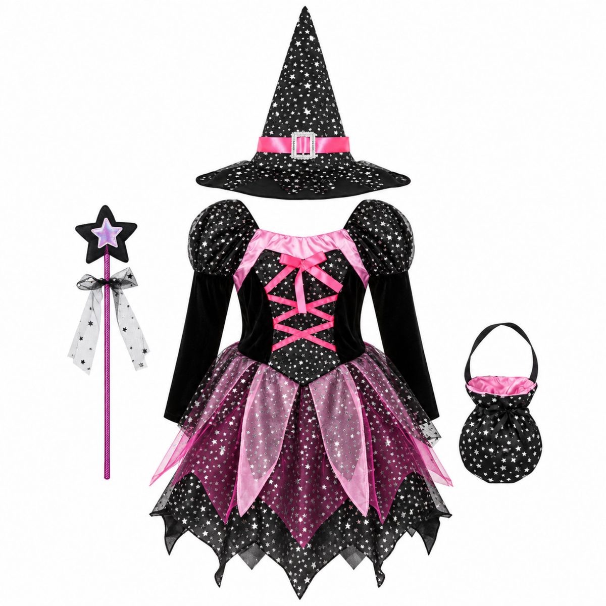 Girls 4-piece witch costume set, hat and wand detail