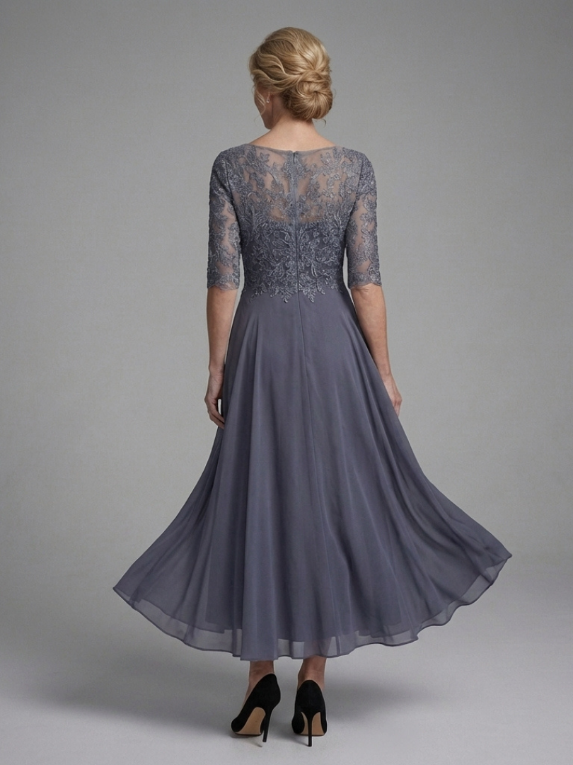 Women's Lace Bodice Midi Dress with Sheer Sleeves