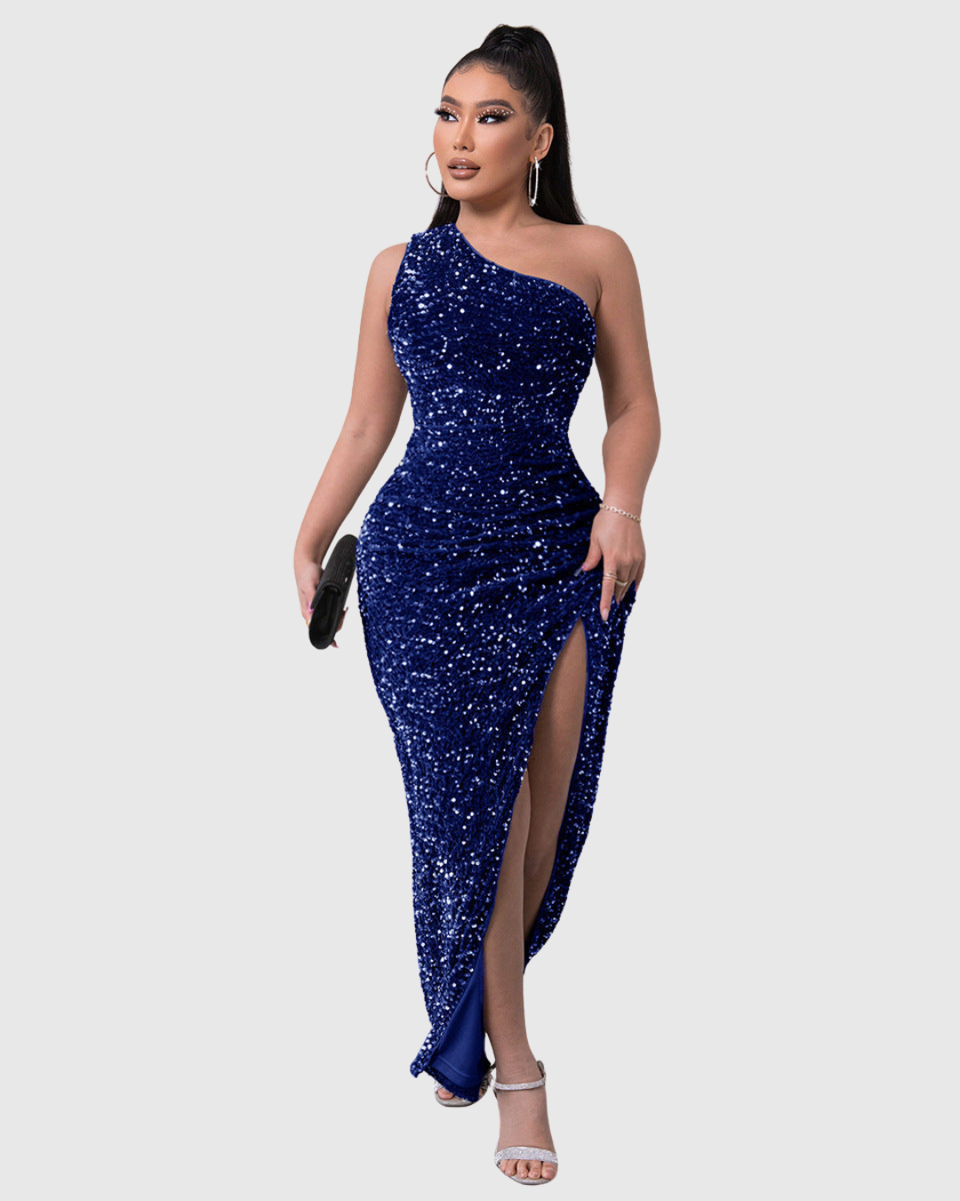 Women's Sequin Evening Dress One-Shoulder Maxi with Thigh Slit