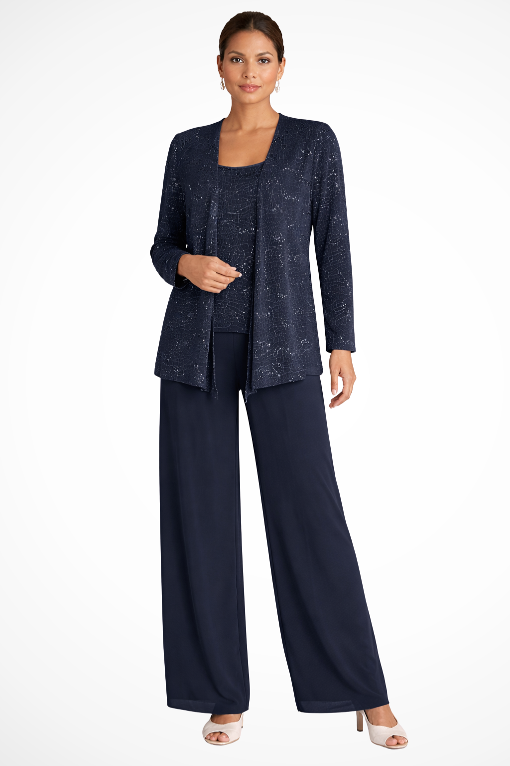 Women's Sequin Lace Three Piece Trouser Suit - Wide Leg Wedding Guest Outfit