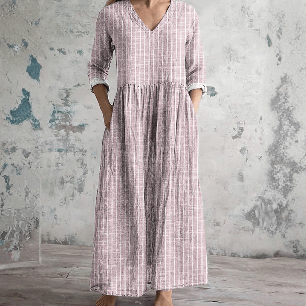Women's V-Neck Stripe Dress - Breathable Long Sleeve Casual Dress