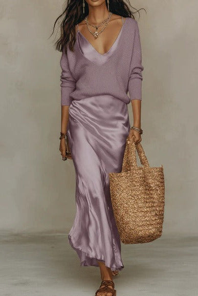 Women's Midi Dress Set with Knit Cardigan – Satin Two-Piece Outfit