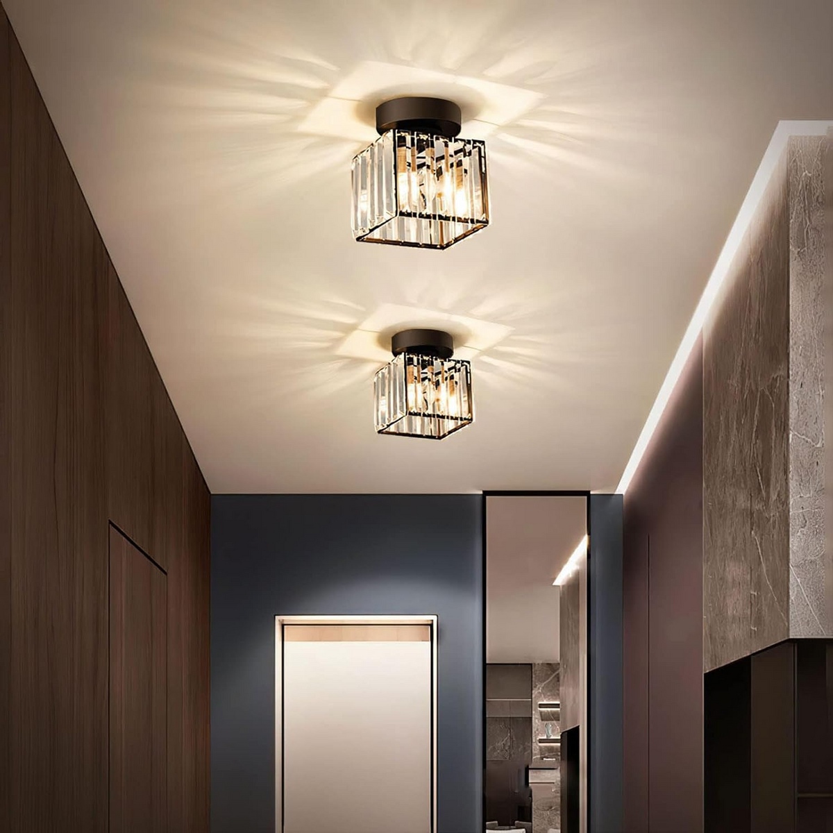 Flush Mount Ceiling Light with Crystal Shade - Black Brass Finish