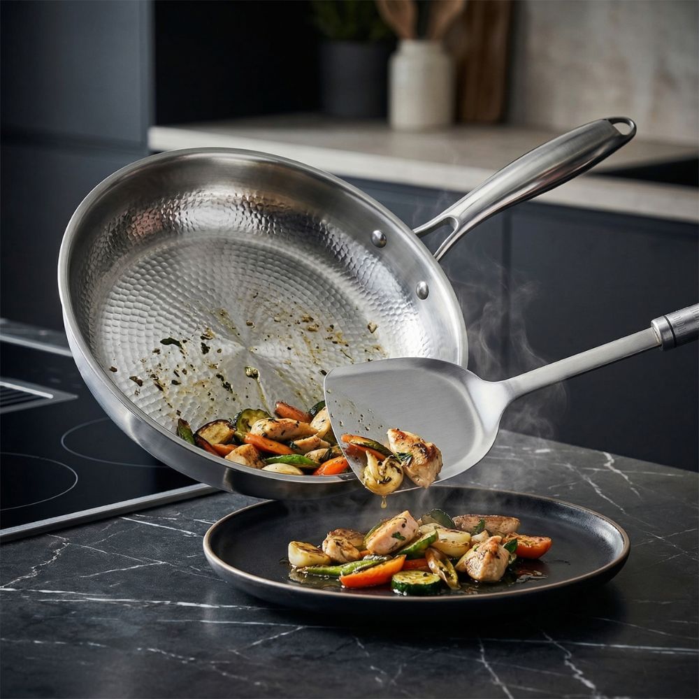 Titanium Hammered Frying Pan with Flipper - Non-Stick Coating-Free Cookware