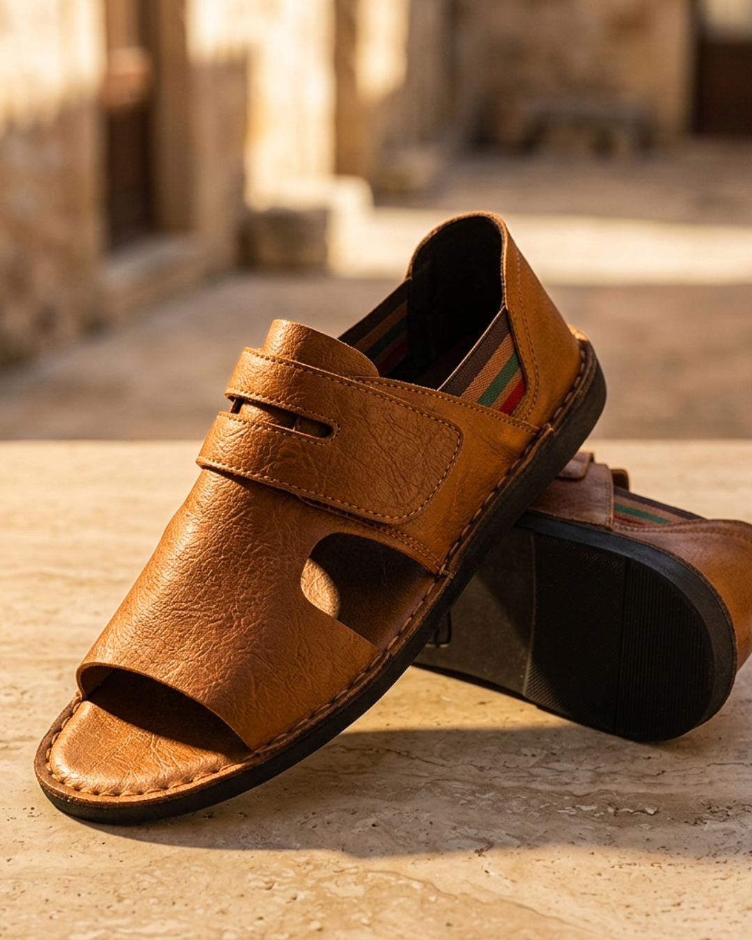 Men's Leather Sandals with Orthopedic Support and Open Toe