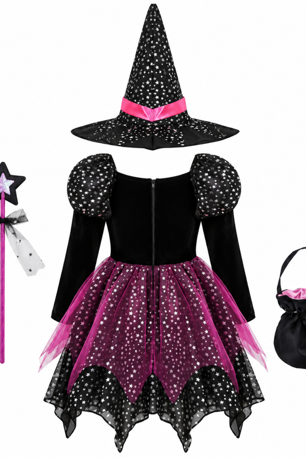 Girls 4-piece witch costume set, treat bag detail