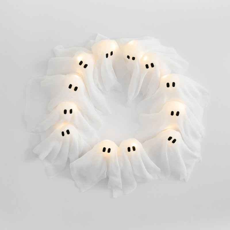 Light-Up Ghost Halloween Wreath with 12 LED Ghosts