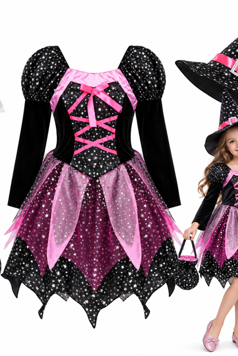 Girls 4-piece witch costume set, full outfit worn