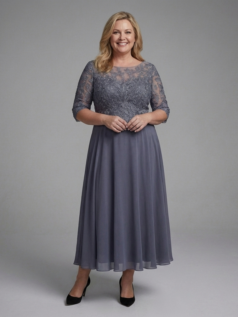 Women's Lace Bodice Midi Dress with Sheer Sleeves