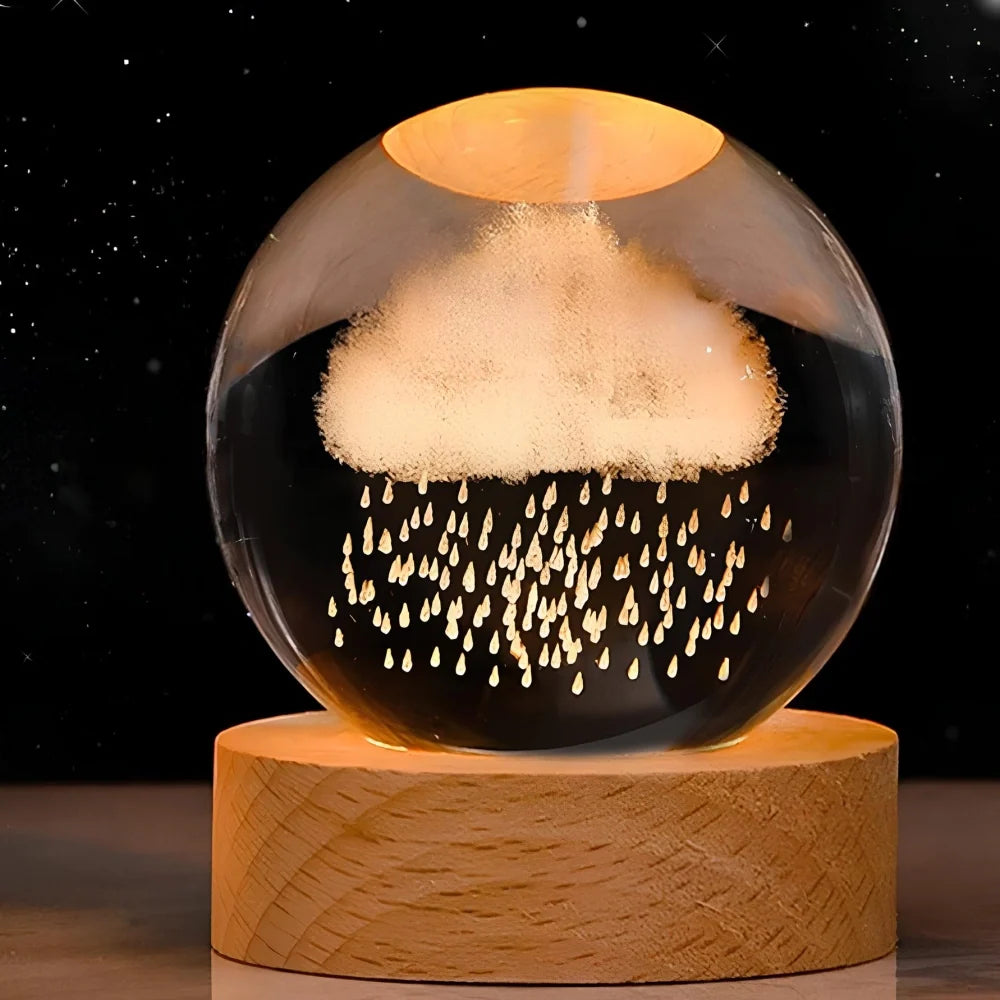 3D Engraved Crystal Ball Night Light - Wooden Base LED Lamp