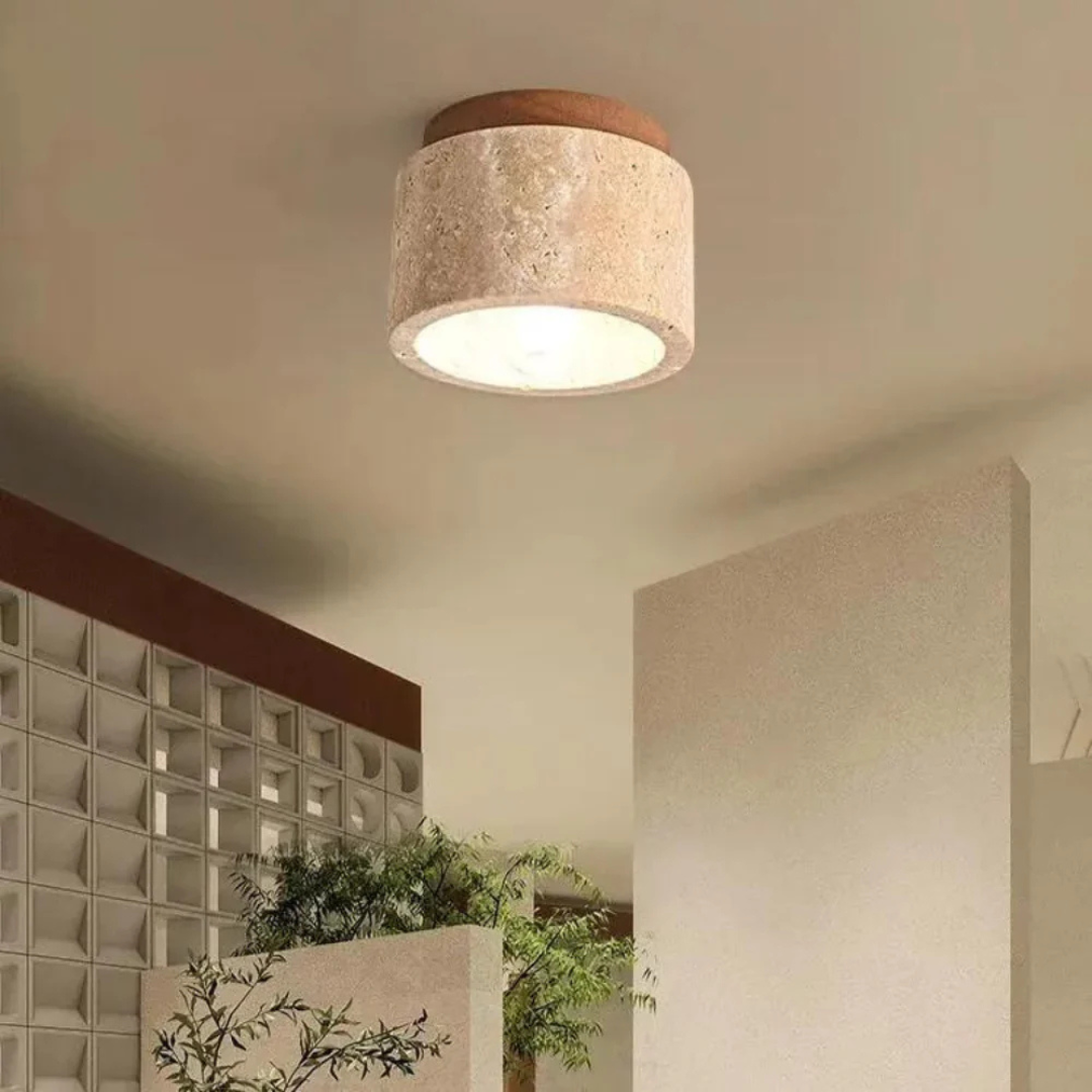 Cilindervormige Plafondlamp – Travertin met Houten Accent, Japanse Stijl voor Woonkamer of Slaapkamer Verlichting