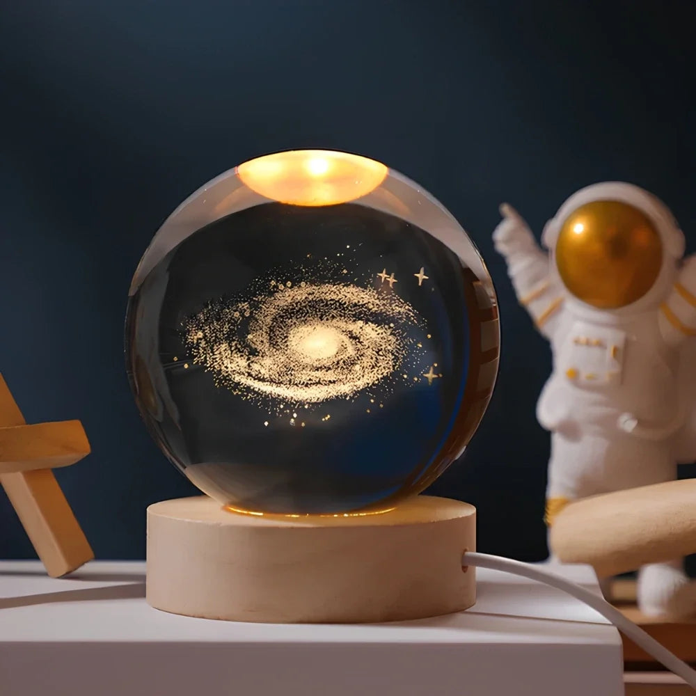 3D Engraved Crystal Ball Night Light - Wooden Base LED Lamp