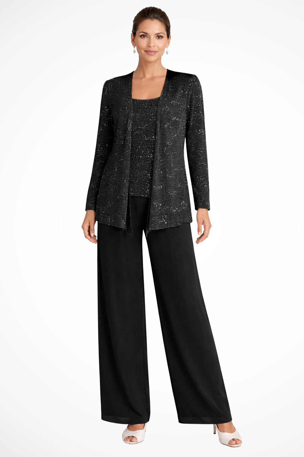 Women's Sequin Lace Three Piece Trouser Suit - Wide Leg Wedding Guest Outfit