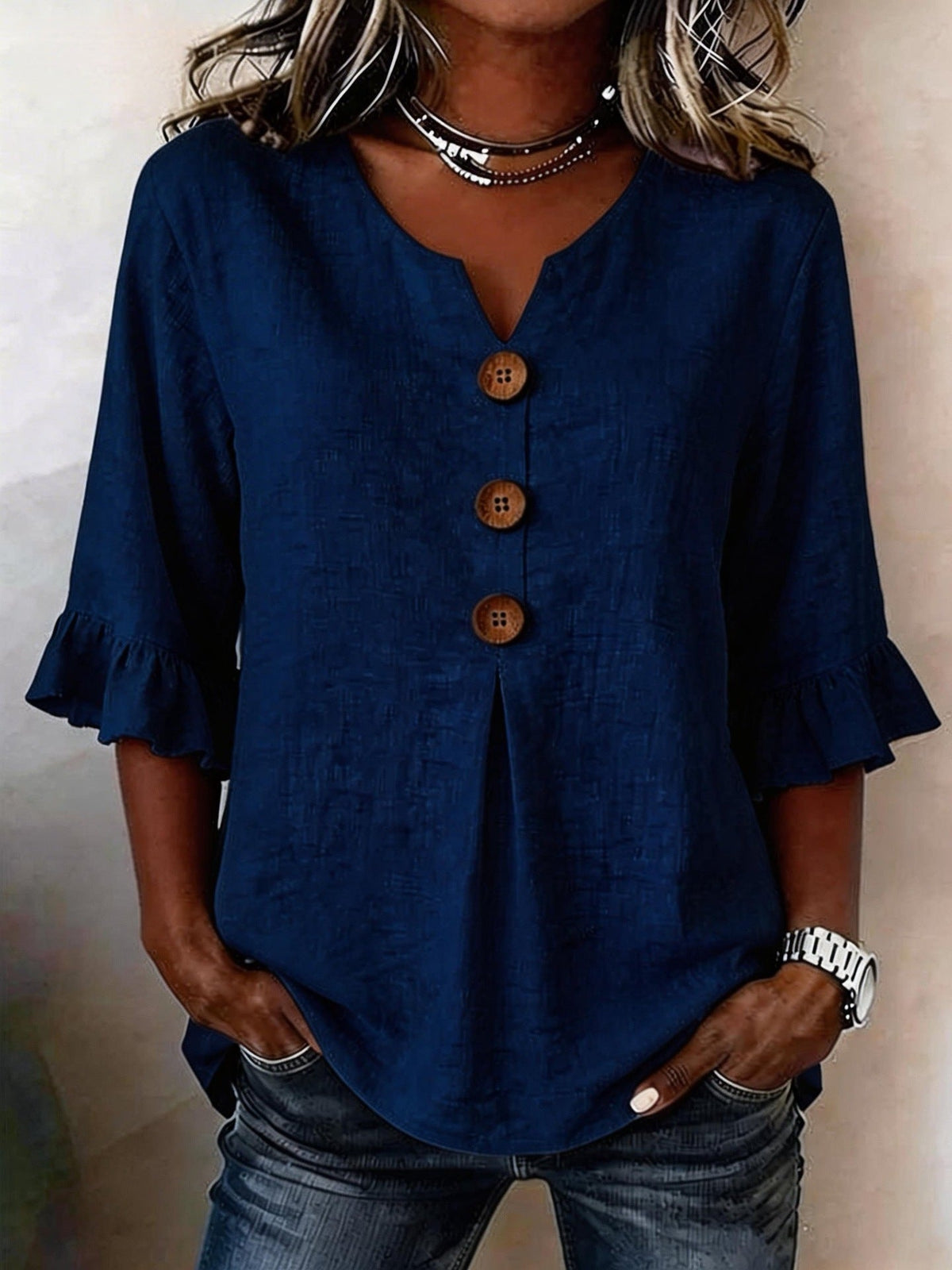 Women's Ruffle Sleeve Blouse with Button-Front Detail