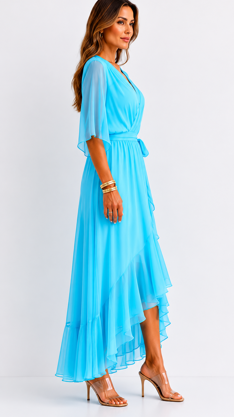 Women's Chiffon Wrap Dress with Flowing Sleeves