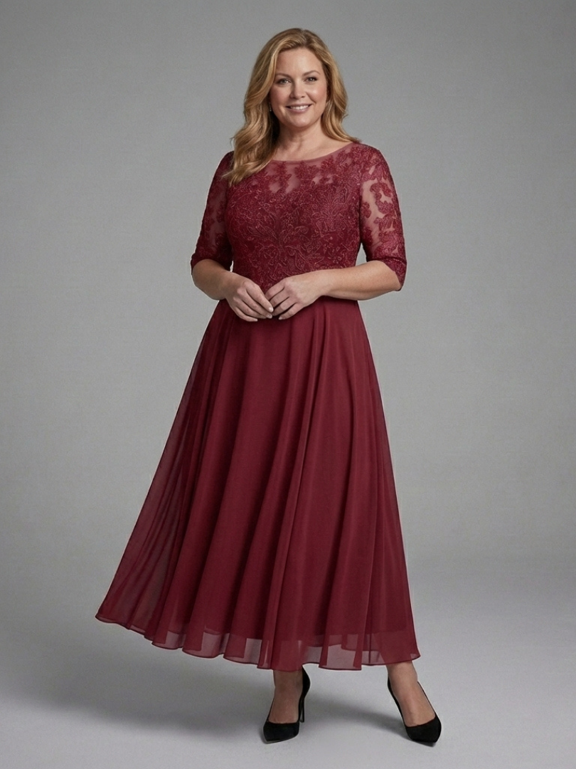 Women's Lace Bodice Midi Dress with Sheer Sleeves